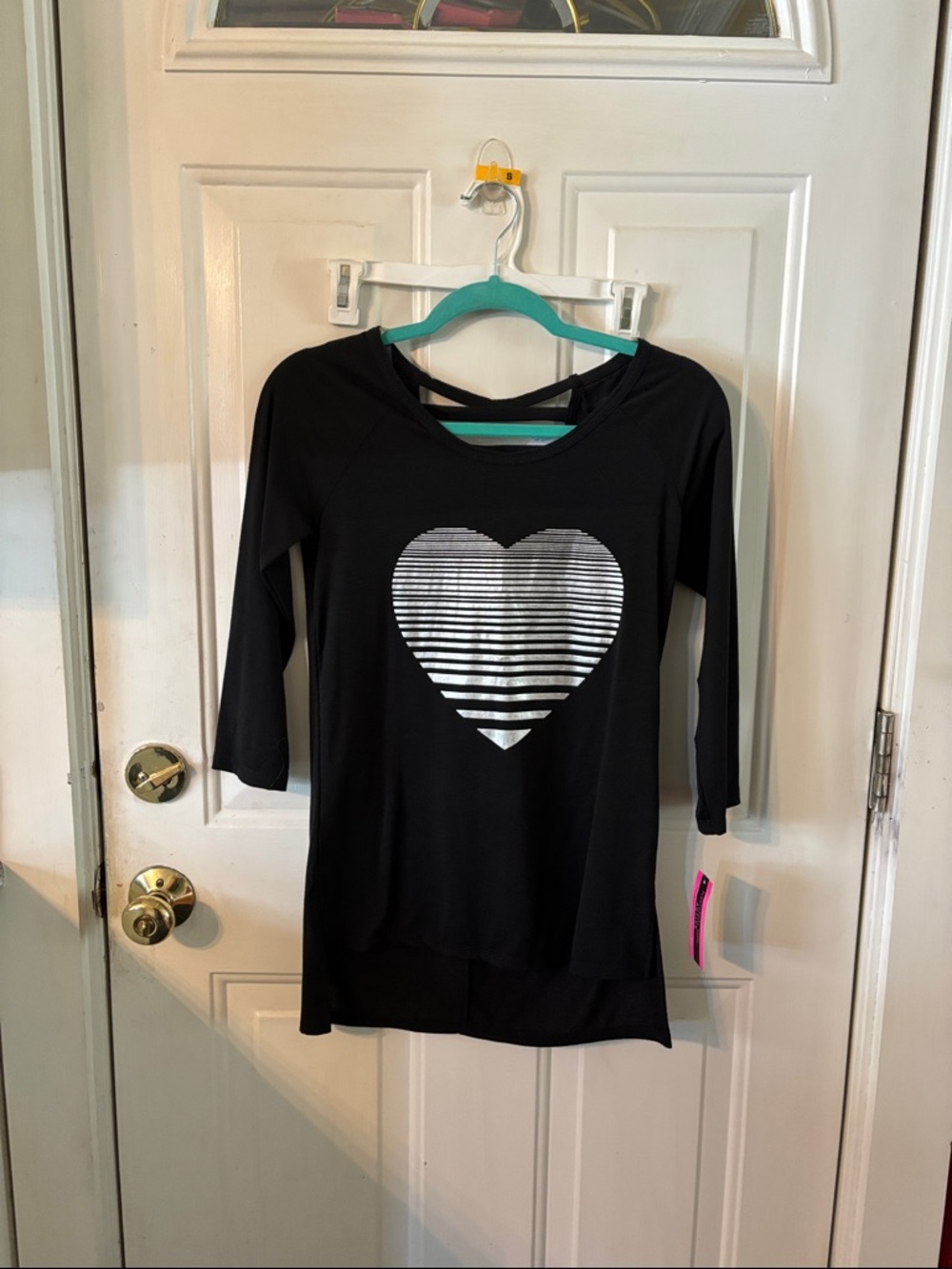 Macy's Black Long-Sleeve Top with Silver Striped Heart